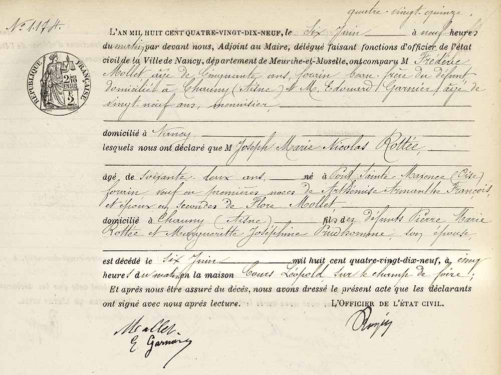 Acte de décès de Joseph Rottée à Nancy