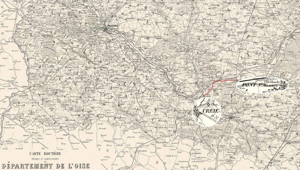 Carte ancienne du département de l'Oise mettant en évidence les deux villes de Creil et de Pont-Sainte-Maxence