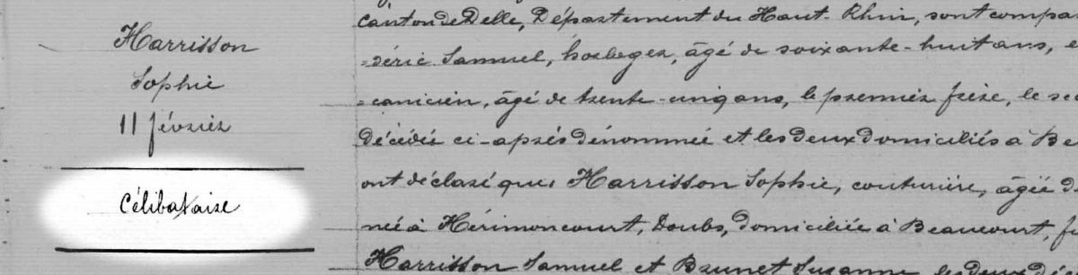 Détail de l'acte de décès de Sophie Harrisson où elle est qualifiée de célibataire